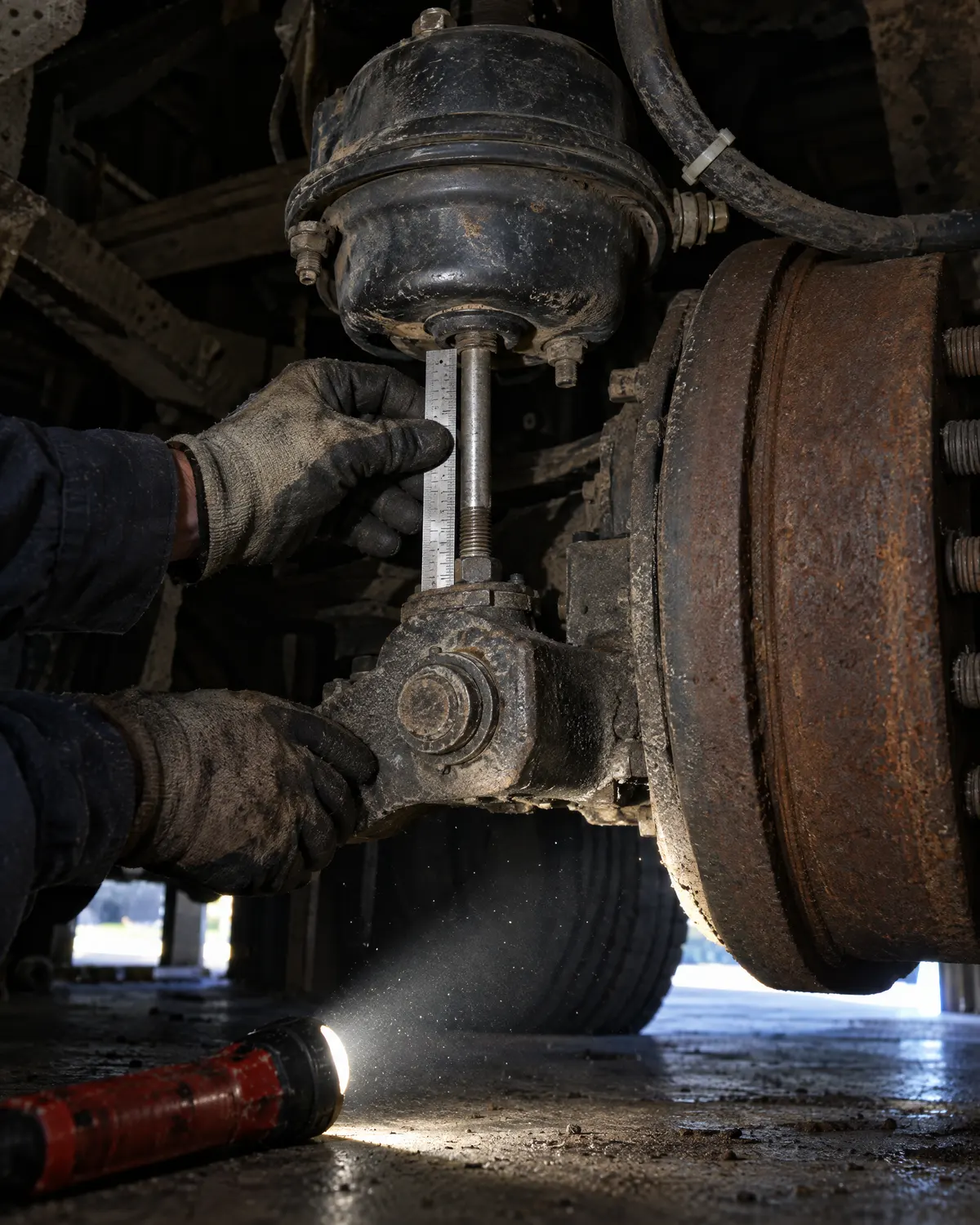 A technician measuring air brake chamber pushrod stroke under a truck axle