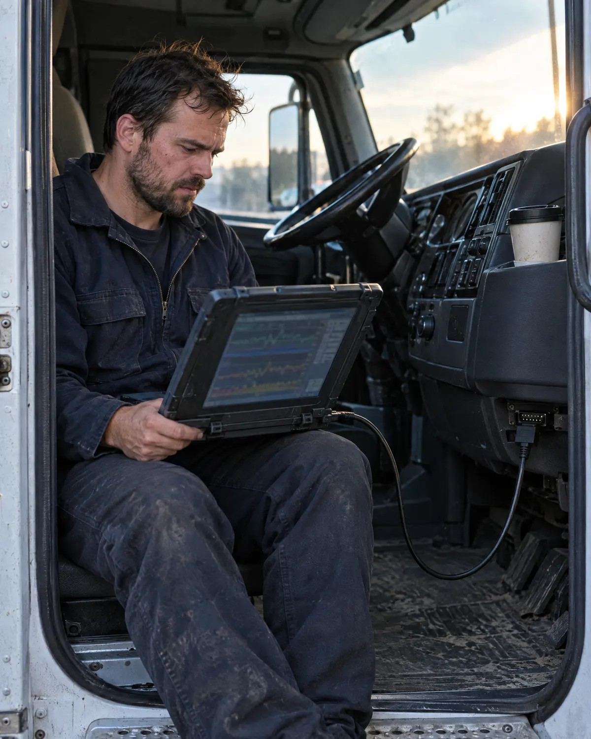 A technician reading a rugged laptop connected to a semi-truck diagnostic port