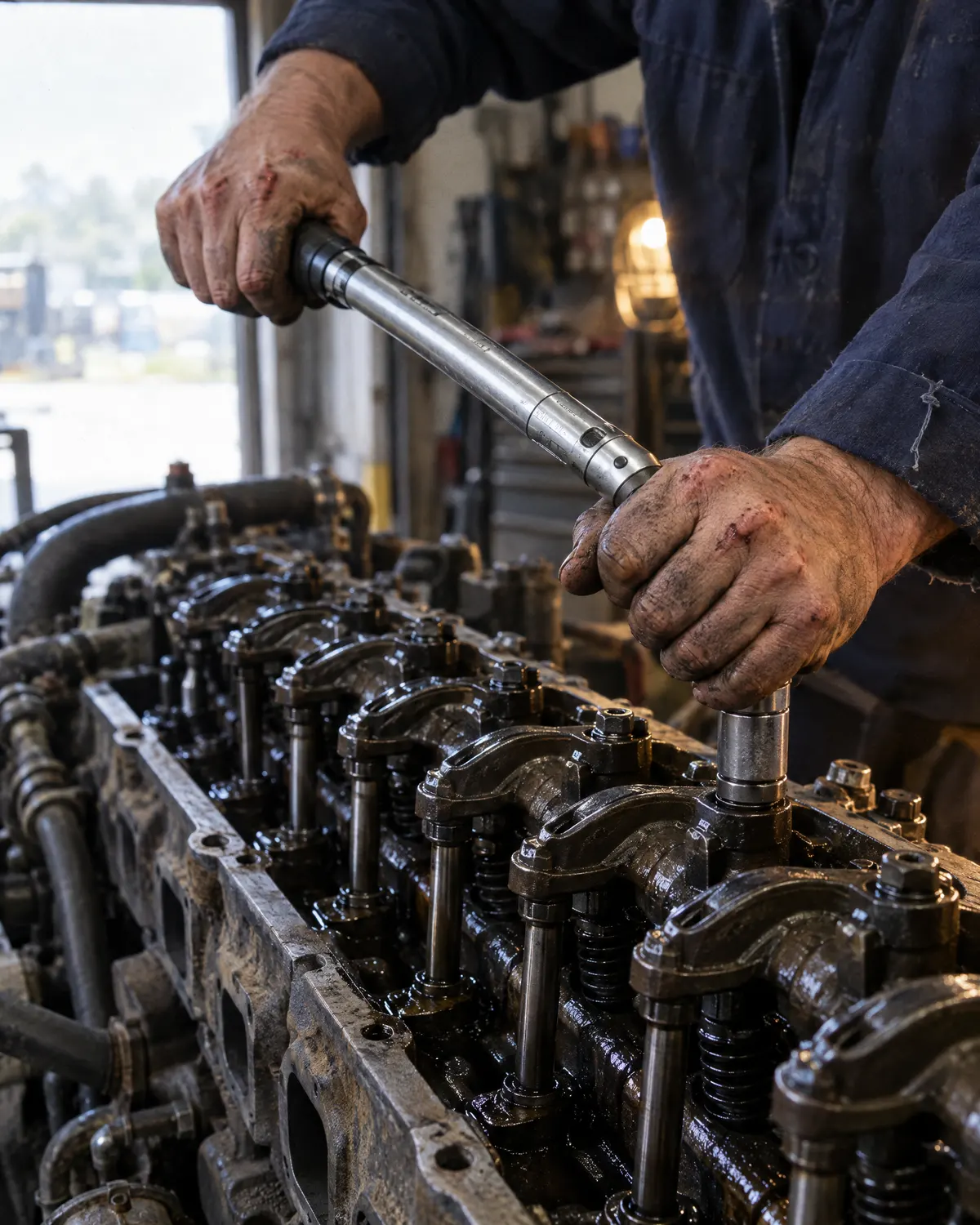 A mechanic tightening a cylinder head bolt on a heavy-duty diesel engine with a torque wrench