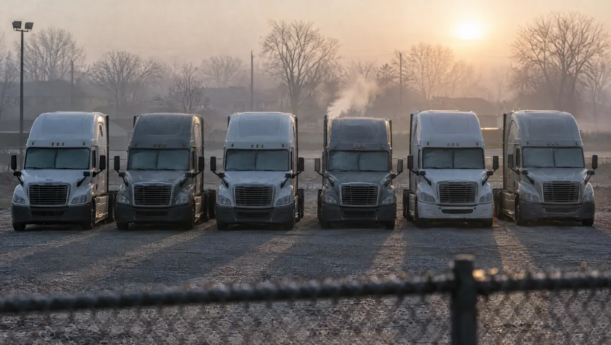 A row of semi-truck tractors parked in a foggy fleet yard at sunrise
