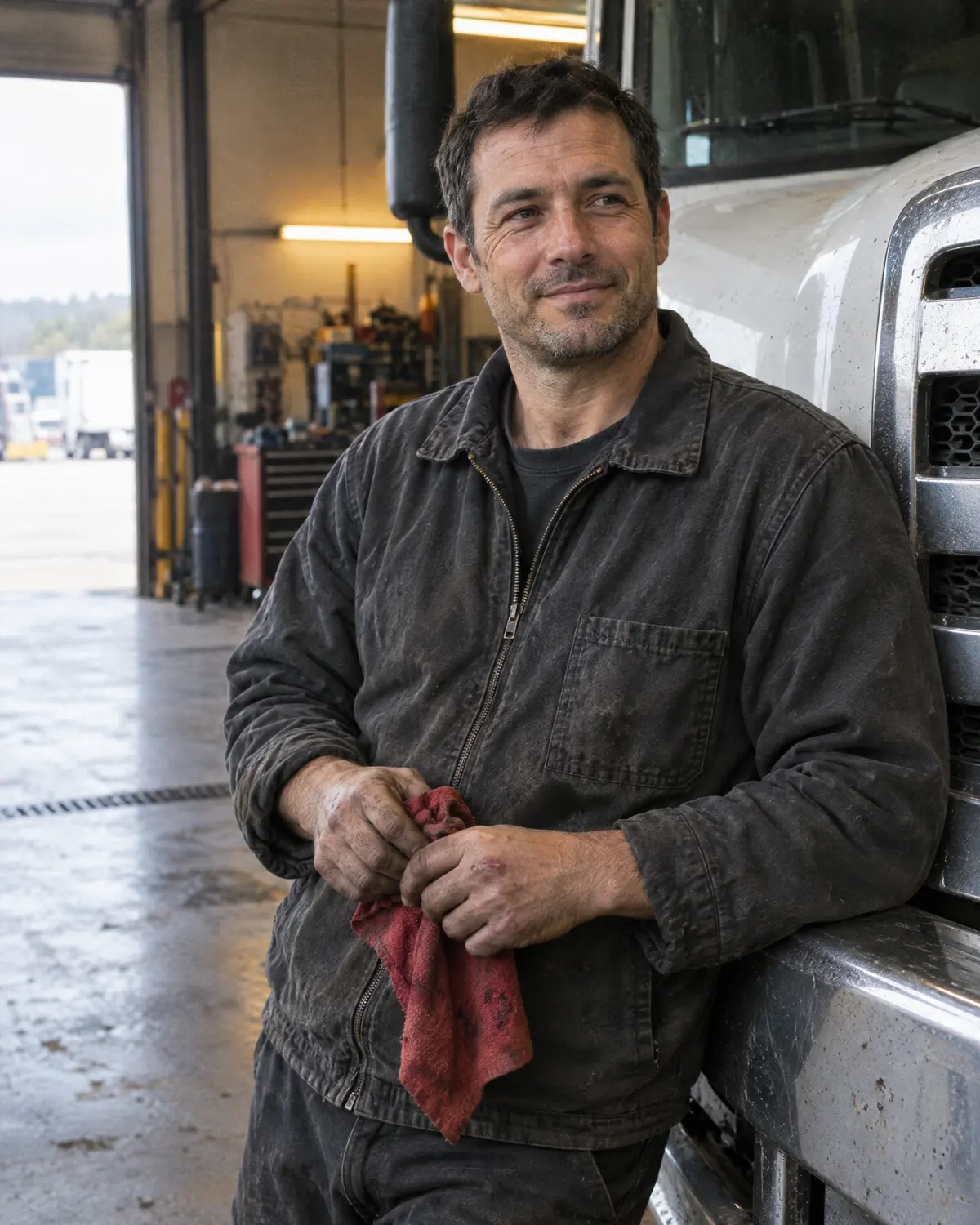 A truck technician leaning on the bumper of a white semi, wiping his hands on a shop rag